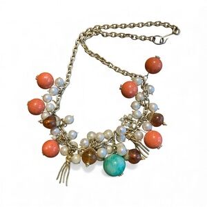 Vintage Gold Tone Necklace with Pearls, Glass Beads, Acorn Charms, & Tassels 22”